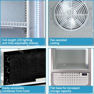 Four refrigeration components: LED-lit, adjustable shelves; a fan; a front-access condenser; and a flat-base refrigerator. Accompanied text: "Full-length LED lighting and fully-adjustable shelves," "Fan-assisted cooling," "Easily-accessible condenser from front," and "Flat base for increased storage capacity."