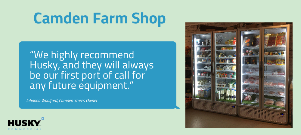 "Camden Farm Shop" is written above a testimonial bubble. Content: “We highly recommend Husky, and they will always be our first port of call for any future equipment.” - Johanna Woolford, Camden Stores Owner. Husky's logo and three filled refrigerators are also depicted.