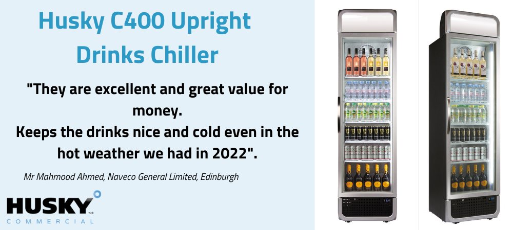 Husky C400 Upright Drinks Chiller displaying various bottles and cans, in a commercial setting. "They are excellent and great value for money. Keeps the drinks nice and cold even in the hot weather we had in 2022". Mr Mahmood Ahmed, Naveco General Limited, Edinburgh. HUSKY COMMERCIAL