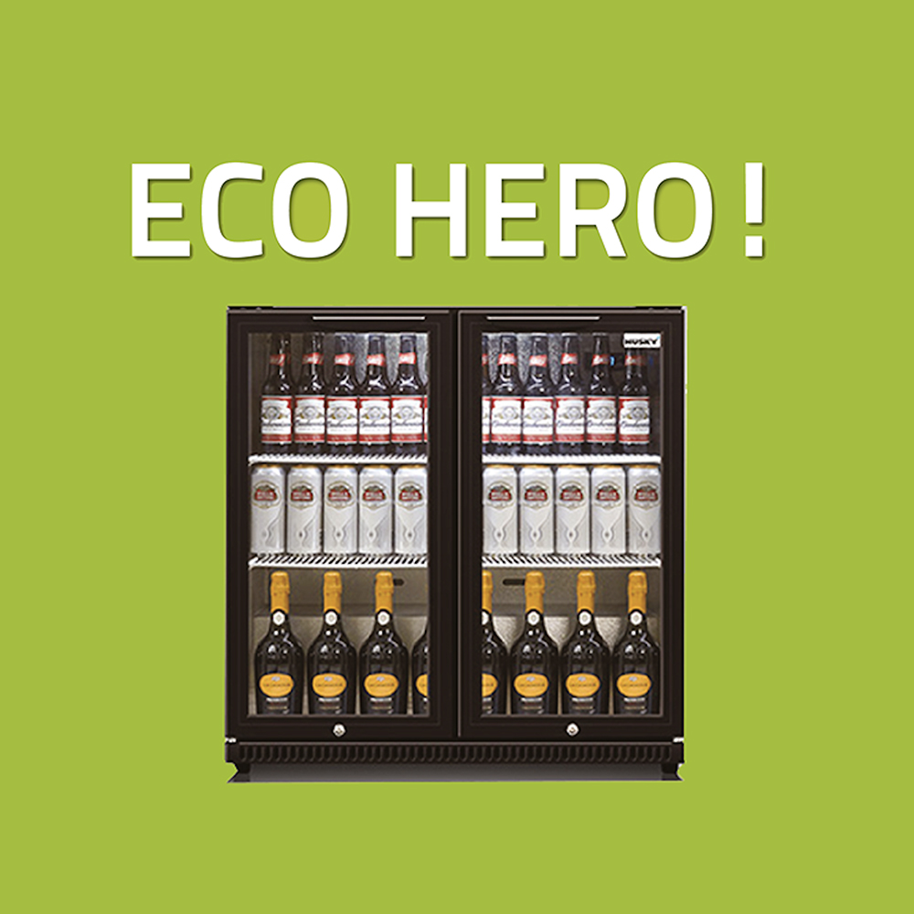 Double-door refrigerator stocked with beer bottles, beer cans, and wine bottles, situated against a green background with the text "Eco Hero" at the top.