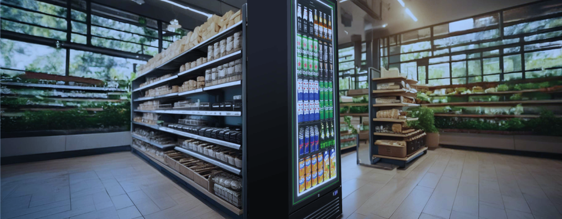 A stylish Husky upright display fridge in a well-lit supermarket, filled with chilled beverages, strategically placed for maximum visibility and sales.