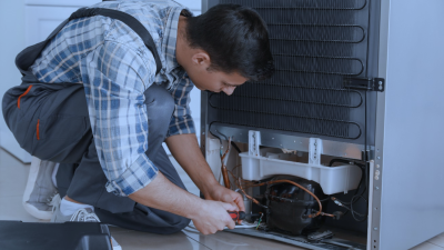 A skilled engineer kneeling and repairing a commercial fridge, performing routine maintenance to ensure optimal cooling performance and energy efficiency.