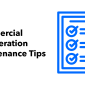 Text says Commercial Refrigeration Maintenance Tips. Next to the text is a blue illustration of a clipboard with checked tasks and a cog.