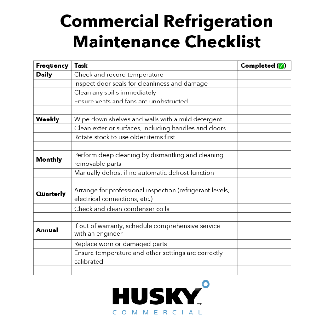 The image is a "Commercial Refrigeration Maintenance Checklist" with tasks categorized by frequency: Daily, Weekly, Monthly, Quarterly, and Annual. Each task has a corresponding checkbox for completion. The checklist includes tasks like checking and recording temperature, cleaning spills, inspecting door seals, wiping down shelves, arranging professional inspections, and replacing worn parts. The logo "Husky Commercial" is displayed at the bottom of the checklist.