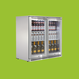 Husky Alfresco outdoor drinks fridge with stainless steel finish and double glass doors, stocked with beer and wine bottles, displayed on a bright green background.