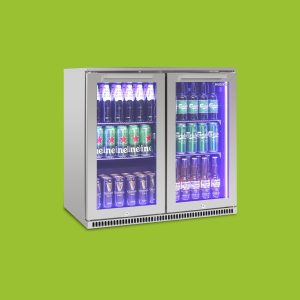 Husky Alfresco double door outdoor drinks fridge with stainless steel finish and double glass doors, stocked with beer and wine bottles, displayed on a bright green background.