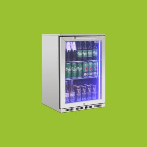 Husky Alfresco single door outdoor drinks fridge with stainless steel finish and double glass doors, stocked with beer and wine bottles, displayed on a bright green background.