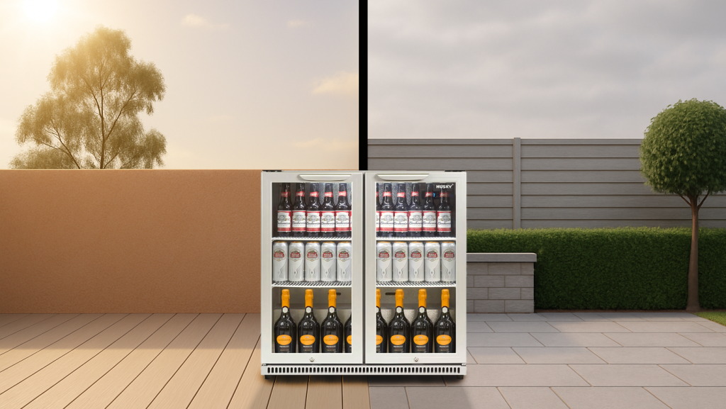 Husky Alfresco outdoor fridge stocked with drinks, shown performing in both sunny and cloudy conditions to demonstrate reliable cooling in all-weather environments.
