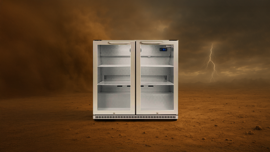 usky Alfresco outdoor fridge in extreme weather conditions, showcasing durability and performance in a desert storm with lightning in the background.