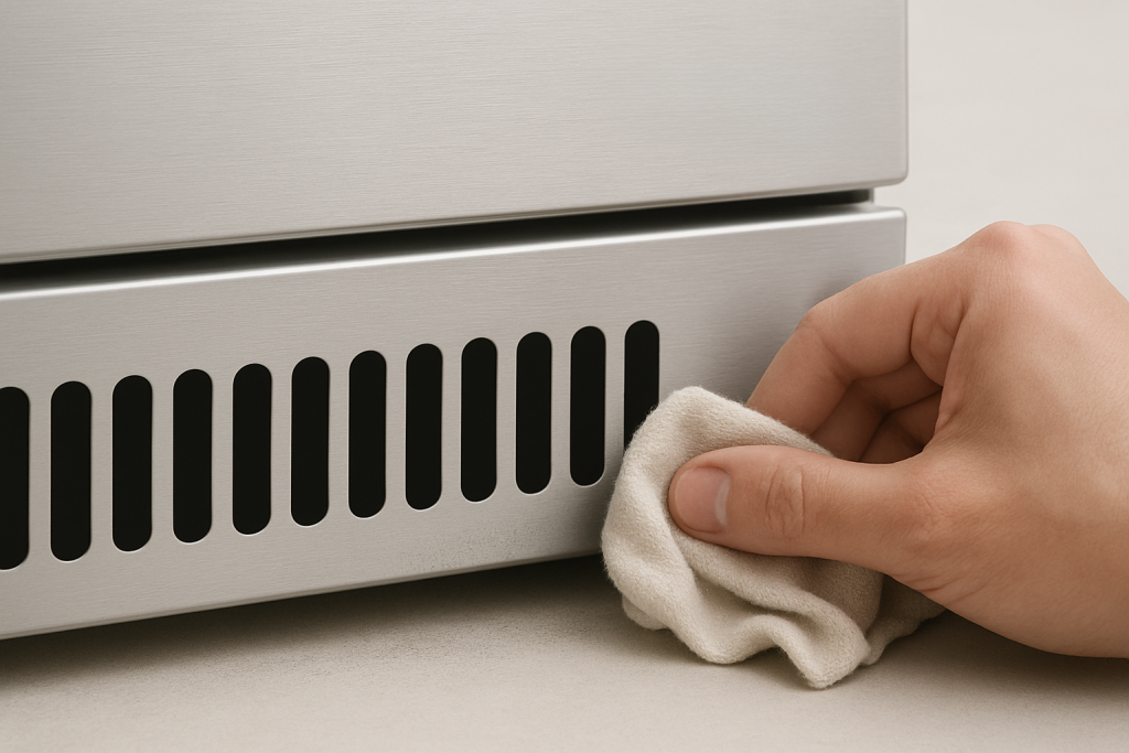 Hand wiping stainless steel outdoor fridge grille with cloth, highlighting easy cleaning and low maintenance design.