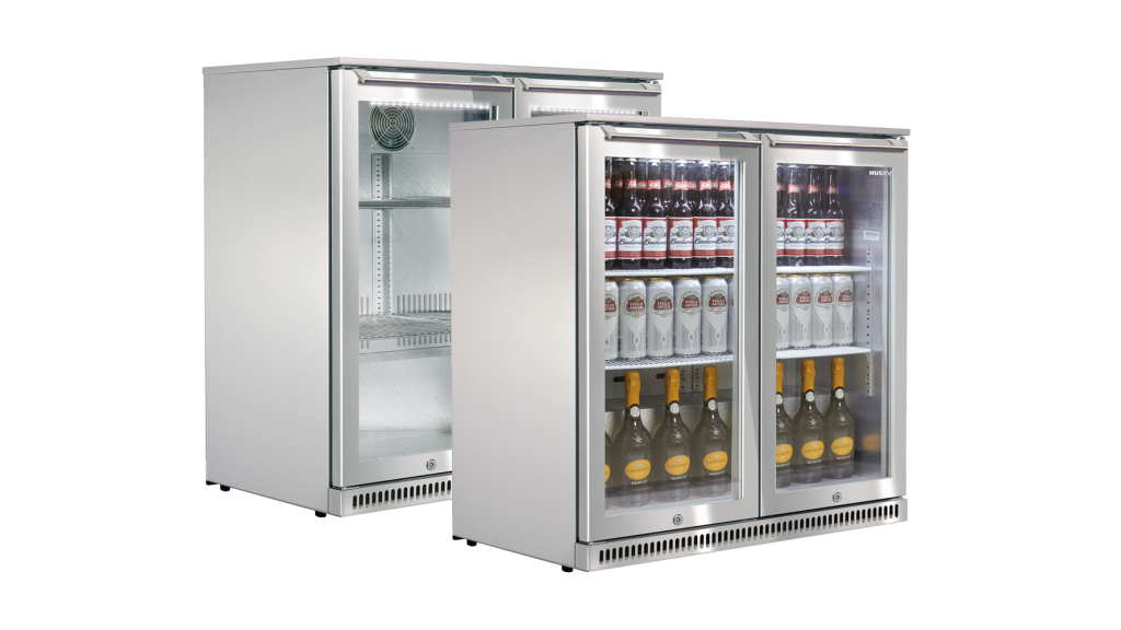 Husky Alfresco stainless steel outdoor display fridge with glass doors, shown stocked and empty, highlighting sleek design and premium drink presentation.
