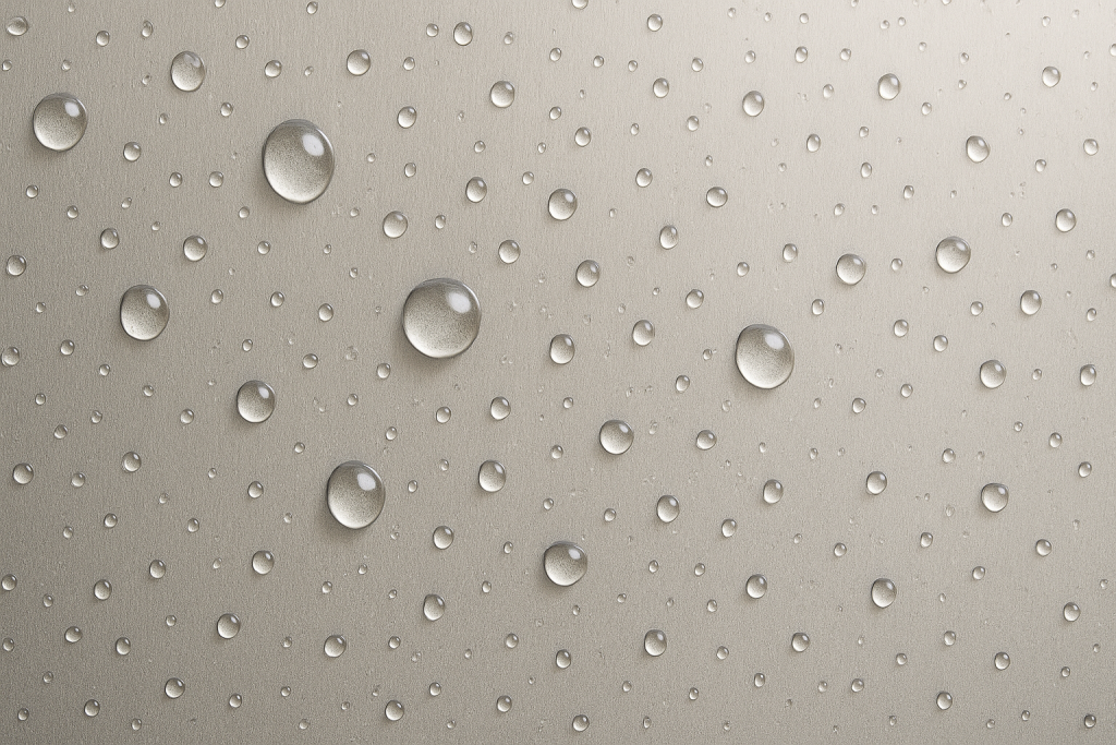 Close-up of water droplets on stainless steel surface, highlighting waterproof and weather-resistant properties of outdoor fridge material.