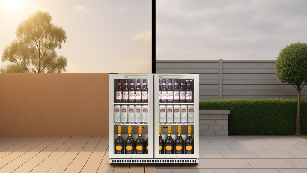 Husky outdoor back bar fridge stocked with drinks, displayed in a garden patio under varying weather conditions