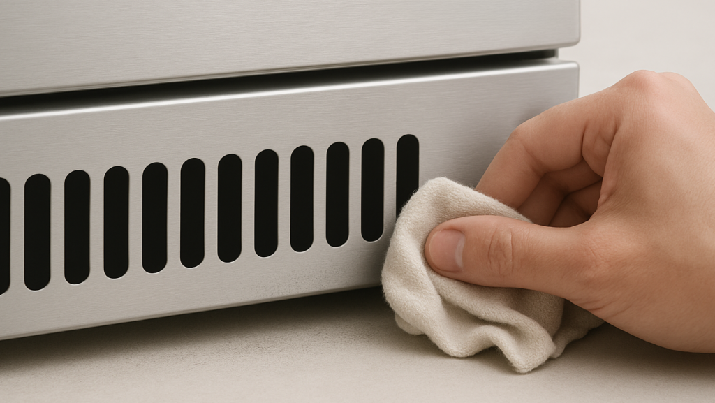 Close-up of someone cleaning the ventilation grille of a Husky outdoor back bar fridge, highlighting easy maintenance