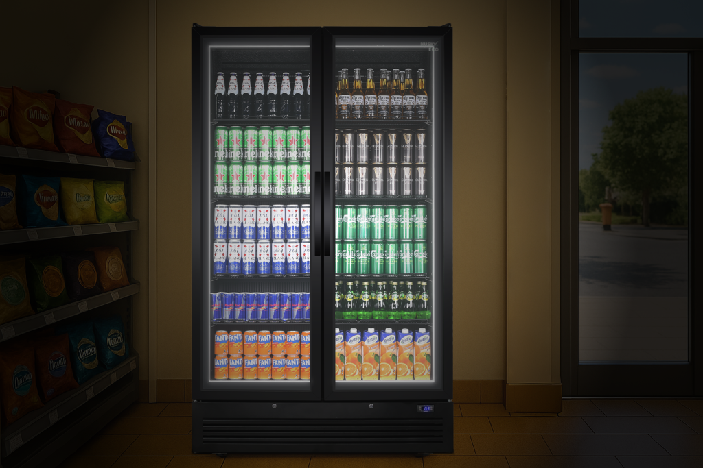 Husky Eco Upright fridge with crystal clear glass doors, showcasing drinks and products for maximum visibility in a convenience store.