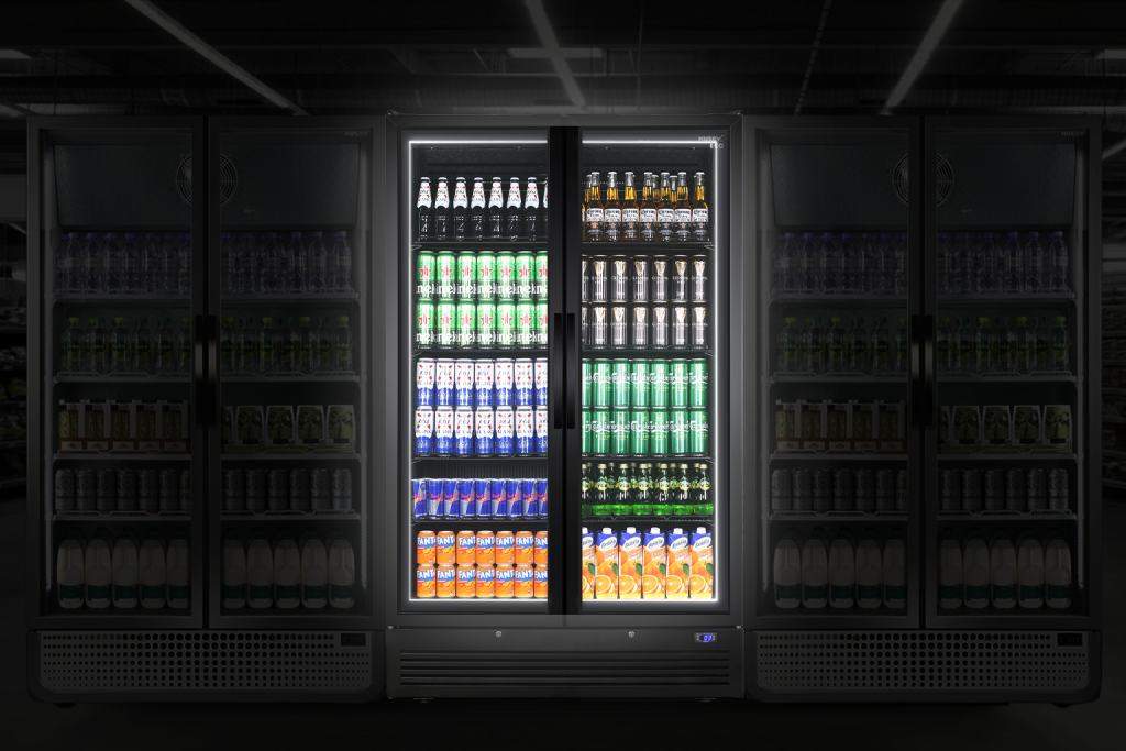 Husky Eco Upright fridge with full-height 360-degree LED halo lighting, evenly illuminating every shelf for maximum product visibility.