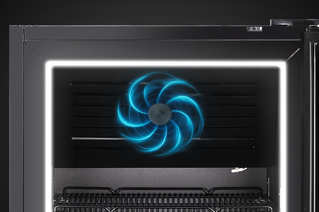 Close-up of Husky Eco Upright fridge low-heat fan system for improved airflow and reduced heat output inside the cabinet.