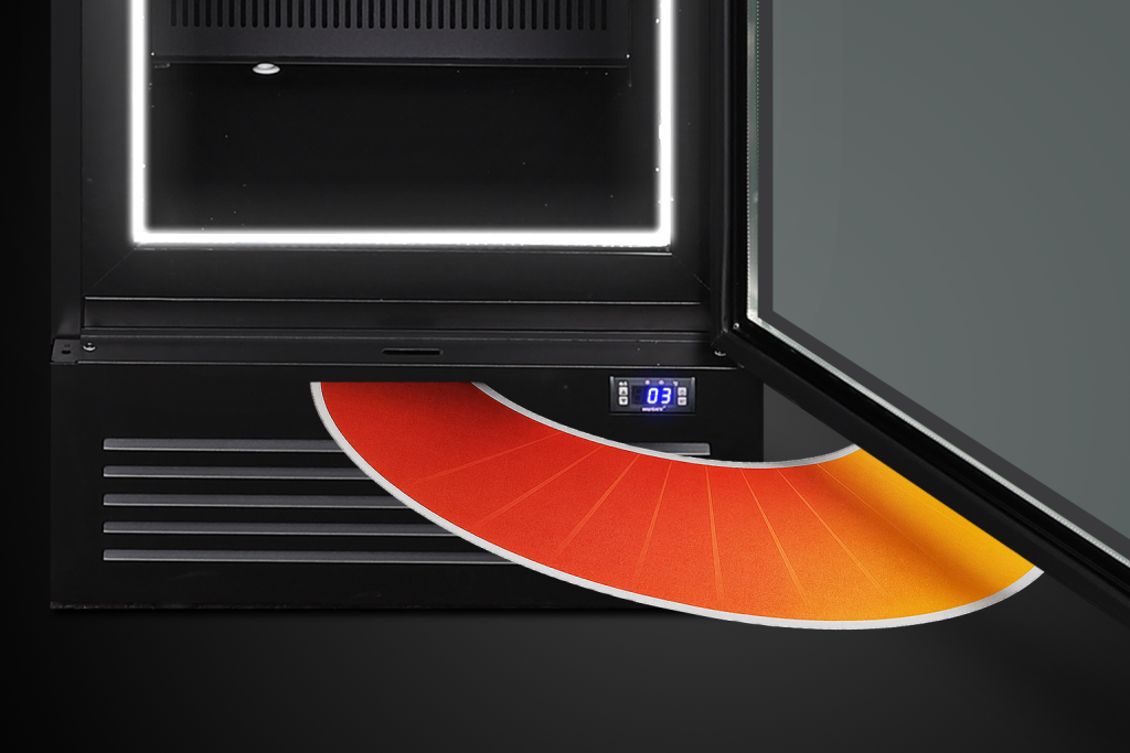 Close-up of Husky Eco Upright fridge self-closing door mechanism with digital temperature display, improving energy efficiency.