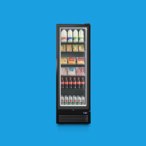 Husky Eco Upright single-door commercial display fridge with LED halo lighting, stocked with drinks and drinks on six shelves, against a blue background