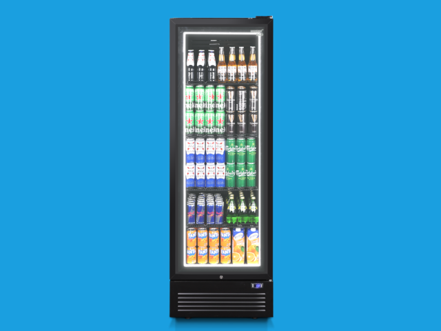 Husky Eco Upright single-door commercial display fridge with LED halo lighting, stocked with drinks on five shelves, against a blue background