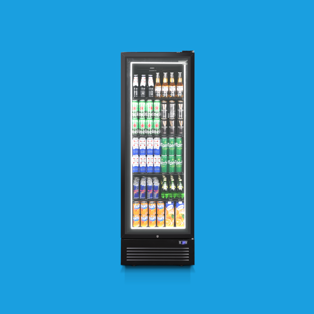 Husky Eco Upright single-door commercial display fridge with LED halo lighting, stocked with drinks on five shelves, against a blue background