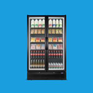 Husky Eco Upright double-door commercial display fridge with full-height LED lighting, fully stocked with drinks and food.