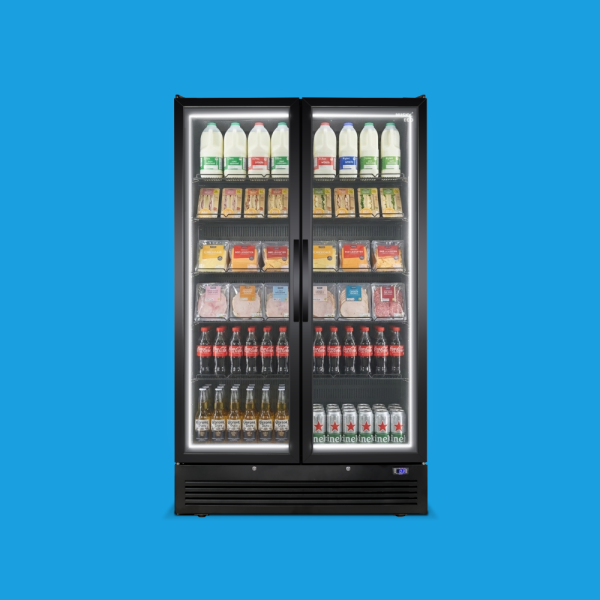 Husky Eco Upright double-door commercial display fridge with full-height LED lighting, fully stocked with drinks and food.