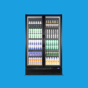Husky Eco Upright double-door commercial display fridge with full-height LED lighting, fully stocked with drinks, against a blue background