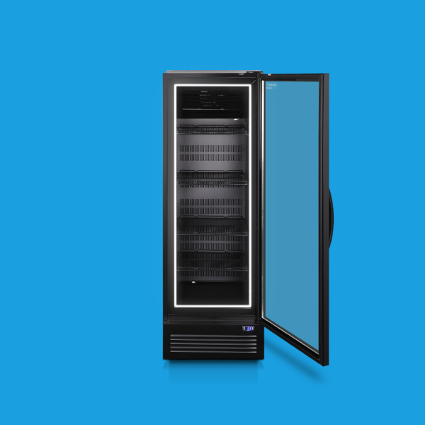Husky Eco Upright C5 single-door commercial display fridge with LED lighting, open door showing adjustable shelves, against blue background