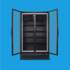 Husky Eco Upright C10 double-door commercial display fridge with both doors open, LED halo lighting illuminating empty shelves, against blue background