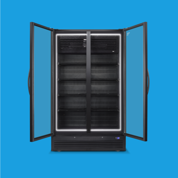 Husky Eco Upright C10 double-door commercial display fridge with both doors open, LED halo lighting illuminating empty shelves, against blue background