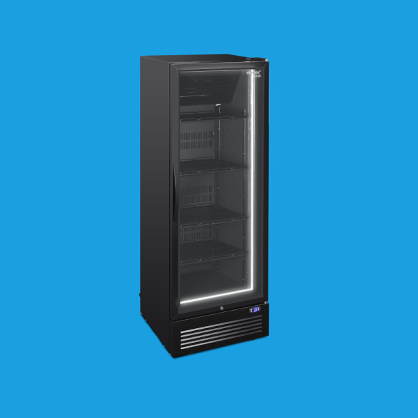 Husky Eco Upright C5 single-door commercial display fridge, empty interior with LED halo lighting, angled view against blue background