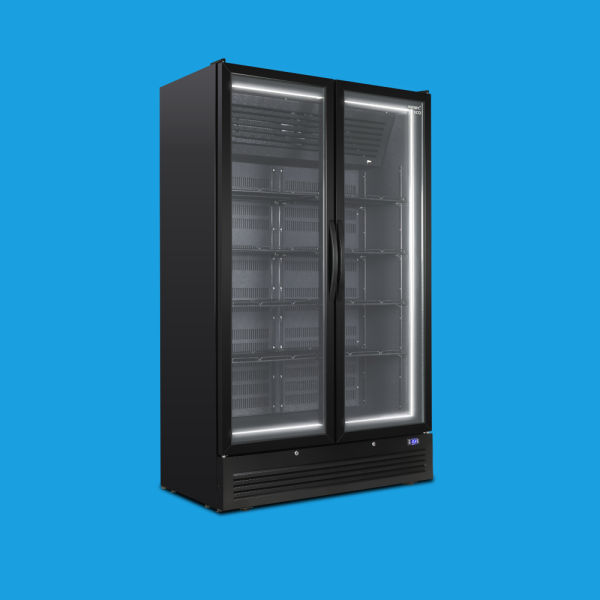 Husky Eco Upright C10 double-door commercial display fridge with LED halo lighting, empty interior, angled view against blue background