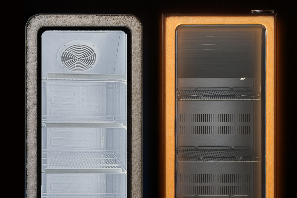 Side-by-side comparison showing Husky Eco Upright fridge advanced insulation versus conventional thick insulation.
