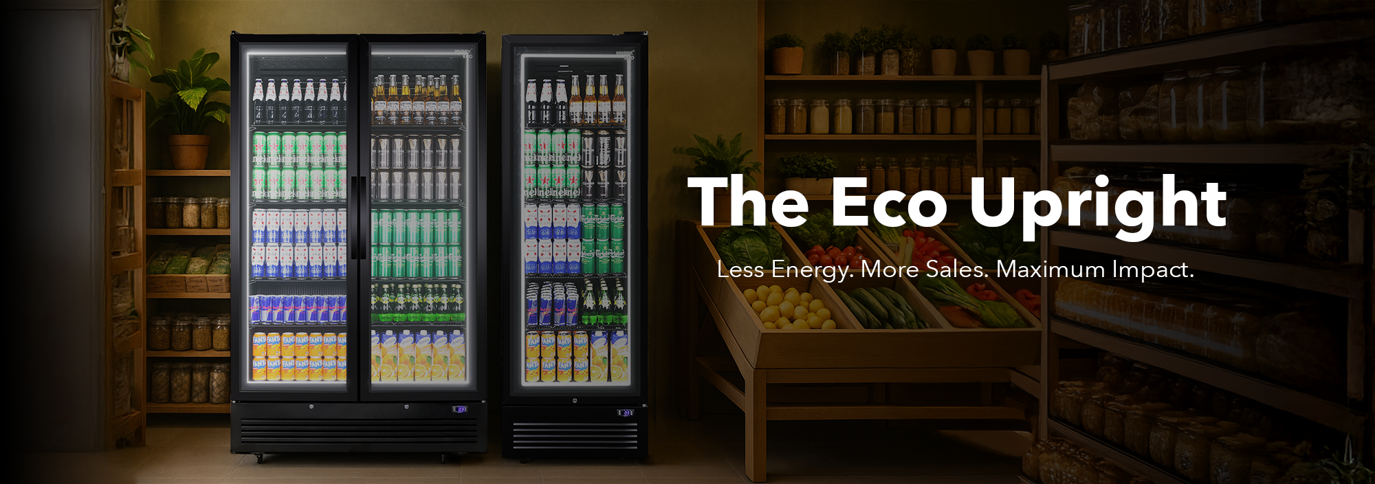 Husky Eco Upright fridge in a retail store setting, fully stocked with drinks and fresh produce, showcasing energy-efficient design and clear product visibility. The copy says The Eco Upright. Less Energy. More Sales. Maximum Impact.