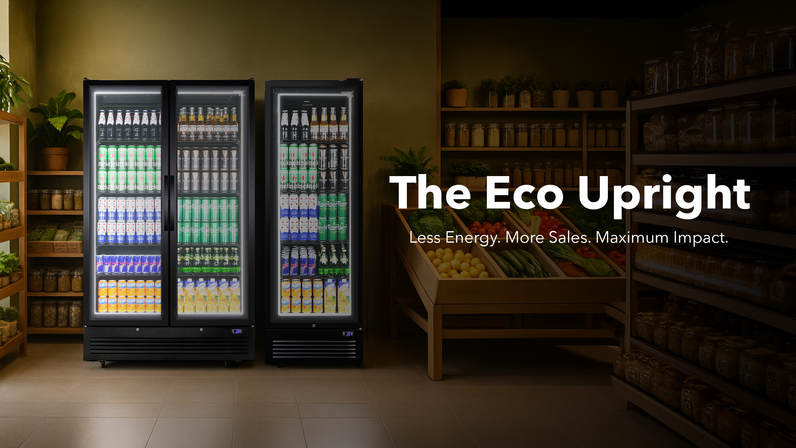 Husky Eco Upright fridge in a retail store setting, fully stocked with drinks and fresh produce, showcasing energy-efficient design and clear product visibility.