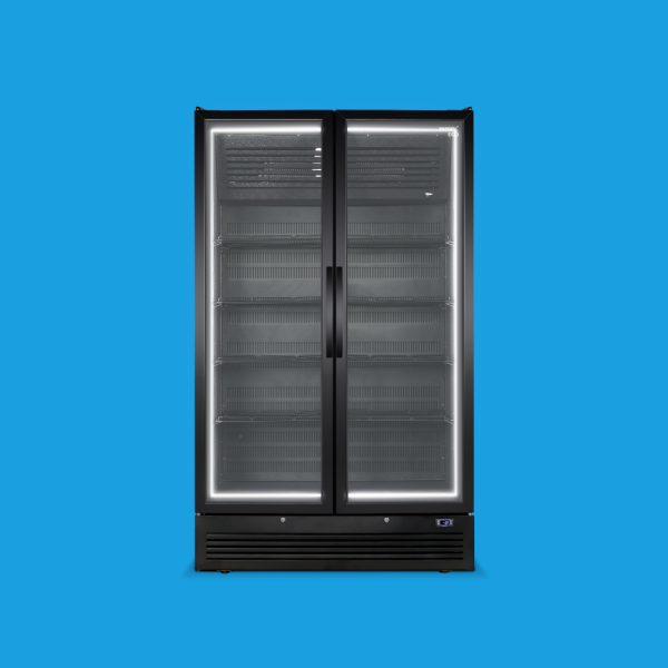 ECO Uprights-07 A double-door commercial freezer against a bright blue background.