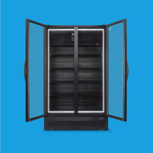 Husky Eco Upright F10 double-door commercial display freezer with both doors open, LED halo lighting illuminating empty shelves, against blue background