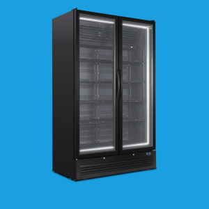 Husky Eco Upright F10 double-door commercial display freezer with LED halo lighting, empty interior, angled view against blue background