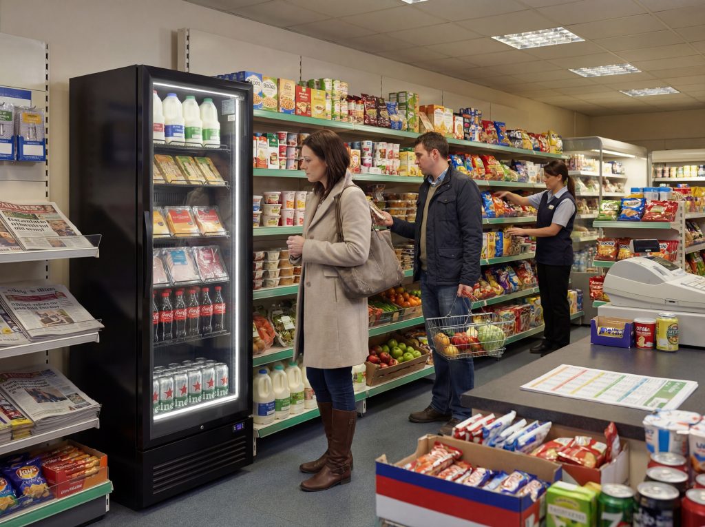 Commercial fridge temperature maintained at safe levels in a convenience store display fridge to protect chilled food and drinks