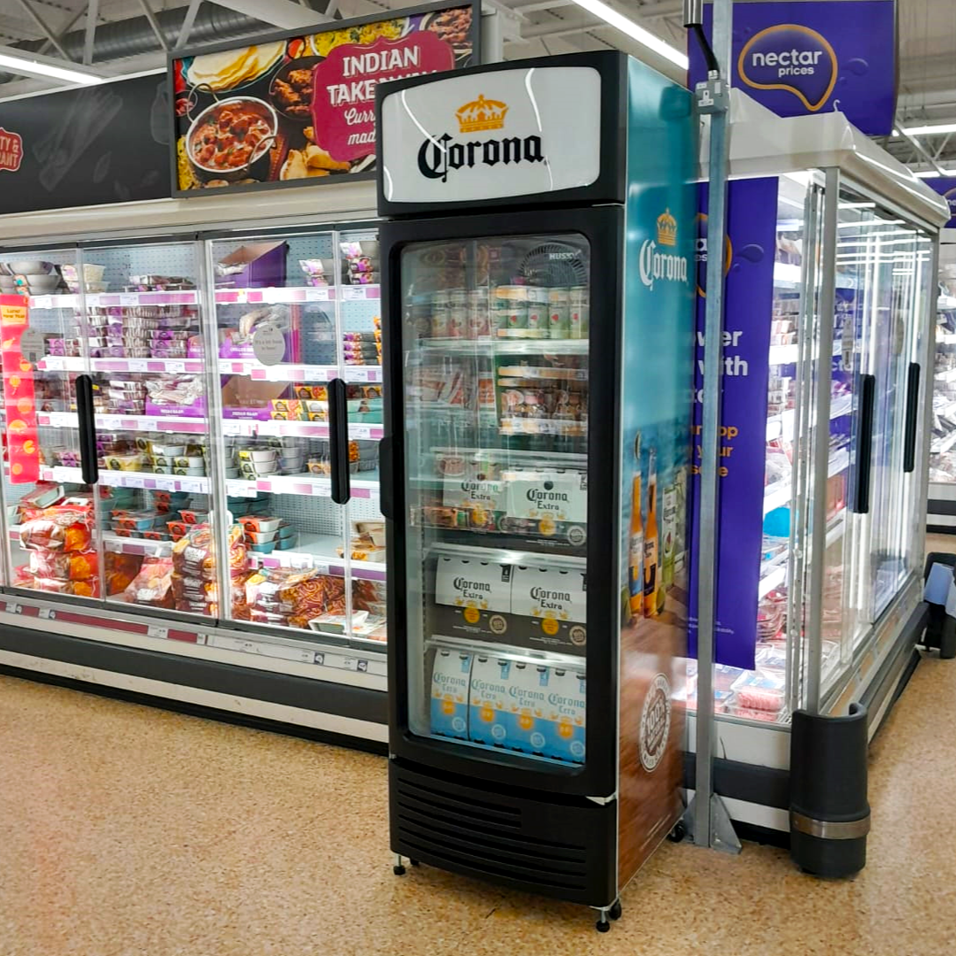 Corona fridge in a supermarket filled with drinks