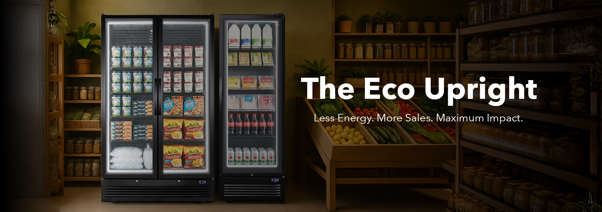 Husky Eco Upright fridge in a retail store setting, fully stocked with drinks and fresh produce, showcasing energy-efficient design and clear product visibility. The copy says The Eco Upright. Less Energy. More Sales. Maximum Impact.