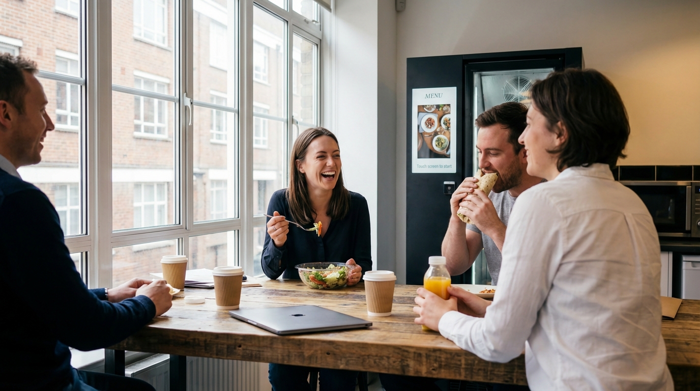 Happy people eating food from the intelligent fridge
