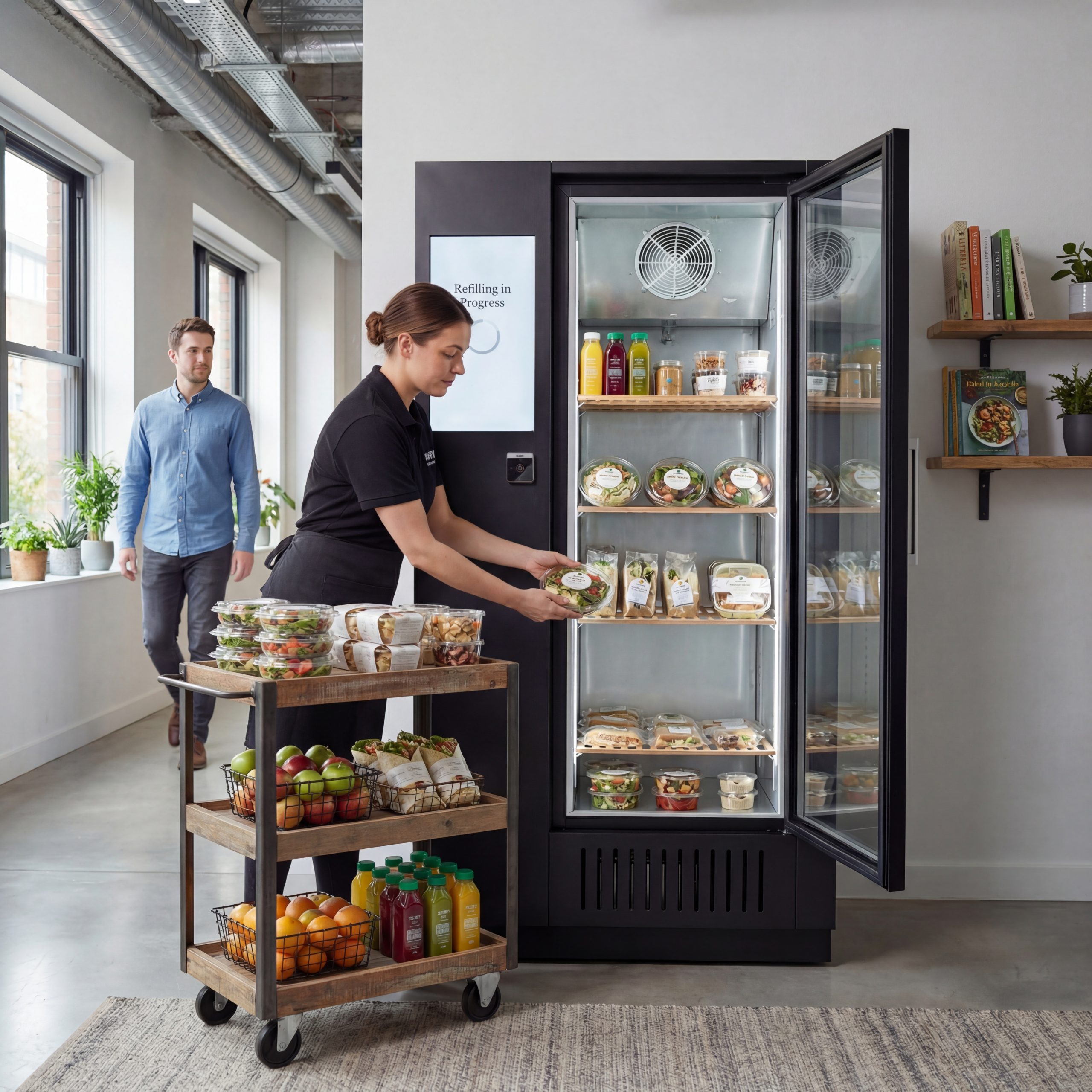 Intelligent office fridge being refilled