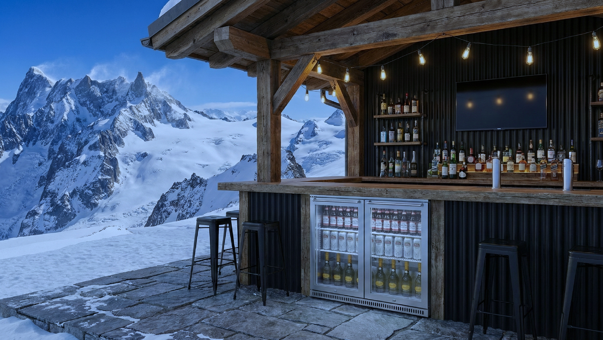 High quality refrigeration drinks fridge installed in an outdoor mountain bar, showcasing chilled beverages in a premium hospitality setting
