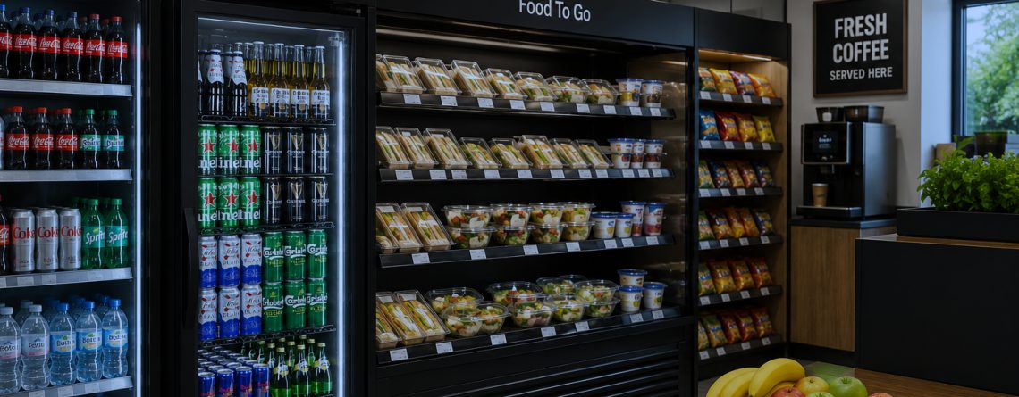 UK commercial refrigeration regulations guide featuring convenience store chilled drinks fridge, food-to-go refrigeration display, and energy-efficient retail cooling solutions in a modern UK retail environment.