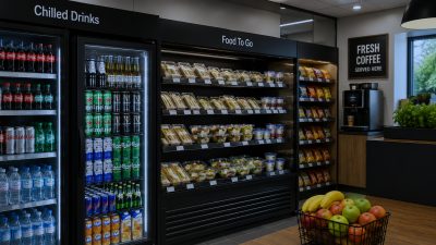 UK commercial refrigeration regulations guide featuring convenience store chilled drinks fridge, food-to-go refrigeration display, and energy-efficient retail cooling solutions in a modern UK retail environment.