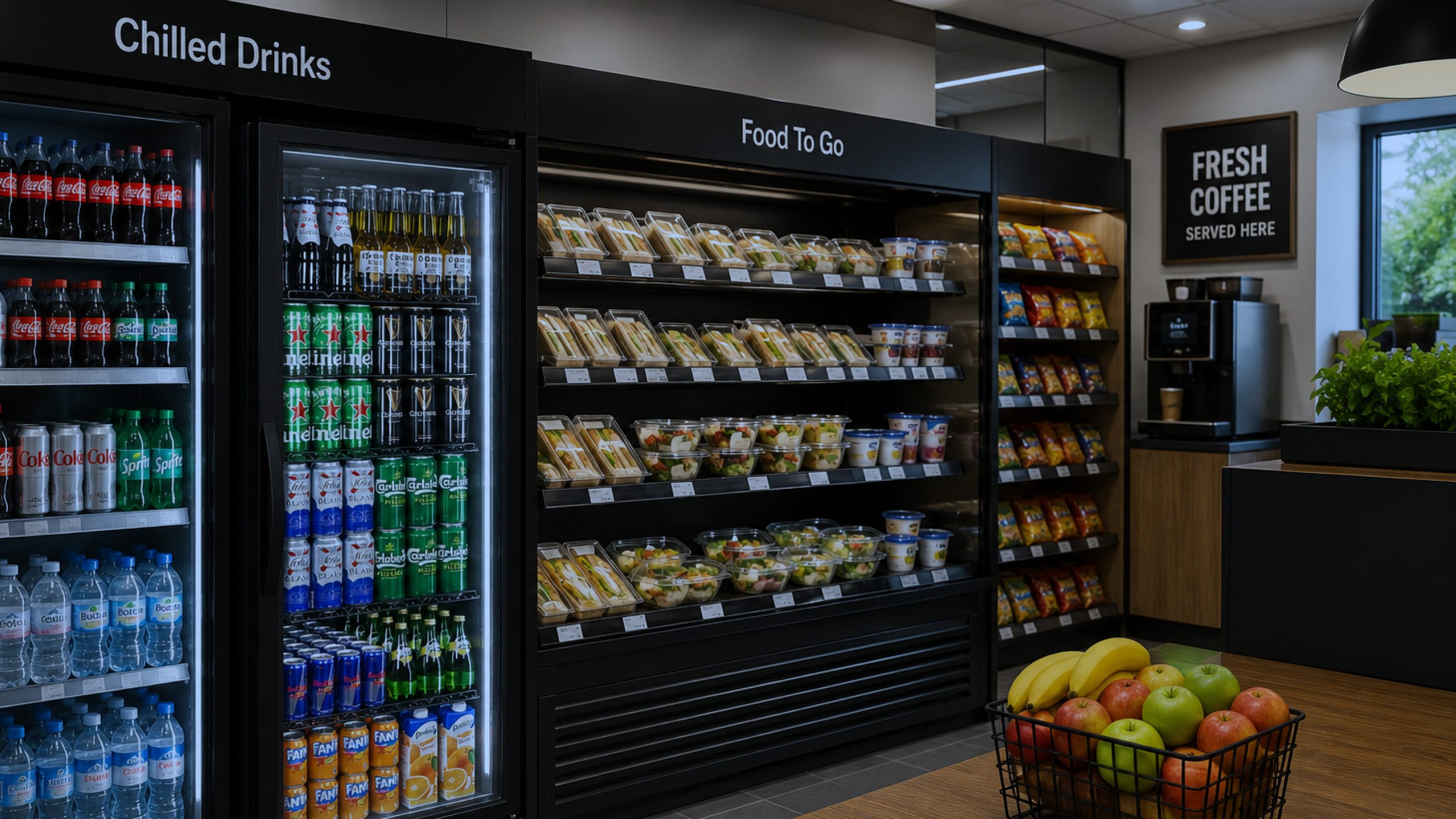 UK commercial refrigeration regulations guide featuring convenience store chilled drinks fridge, food-to-go refrigeration display, and energy-efficient retail cooling solutions in a modern UK retail environment.