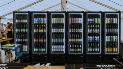 Husky drinks fridges stocked with beers and canned beverages at a busy festival bar, showcasing illuminated commercial drinks fridges for high-volume event service.