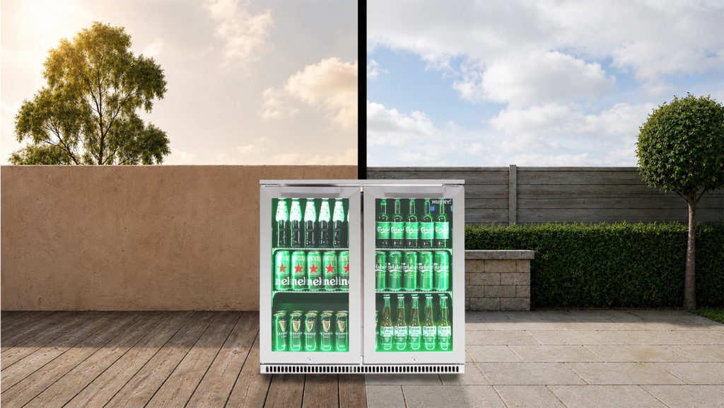 Husky Alfresco outdoor fridge stocked with drinks, shown performing in both sunny and cloudy conditions to demonstrate reliable cooling in all-weather environments.
